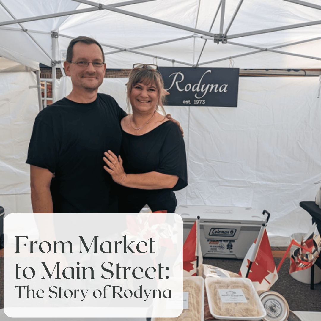 Cover photo of George and Liana in their tent at the market with blog title: From Market to Main Street: The story of Rodyna